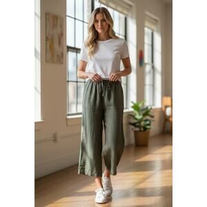 Abercrombie & Fitch Olive Green Linen Blend Pull On Wide Leg Pants Women Size XS